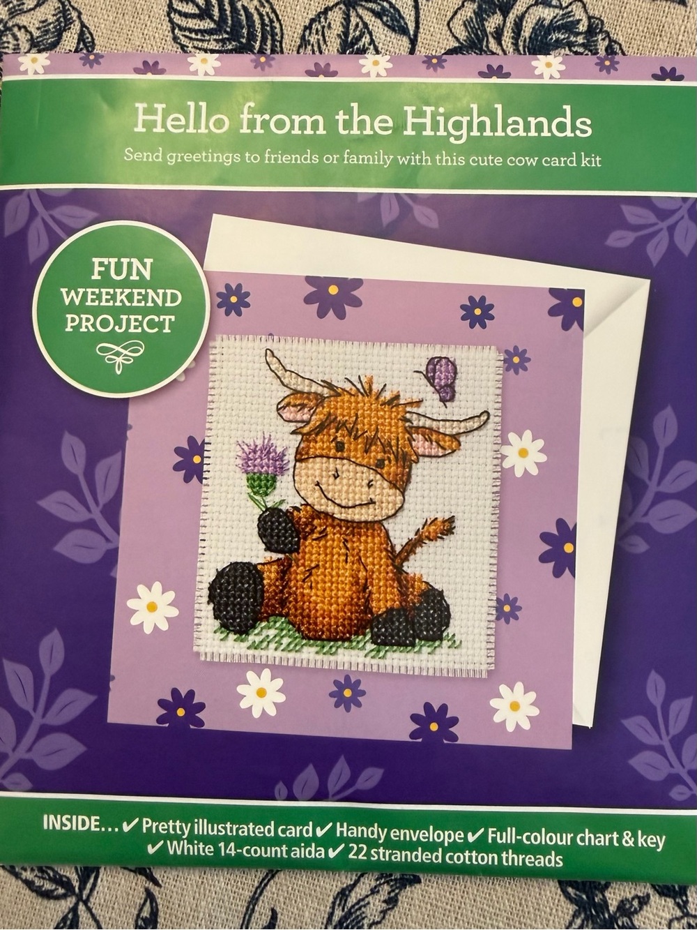 The World of Cross Stitch Hello From The Highlands Cow Greeting Card Project Kit
